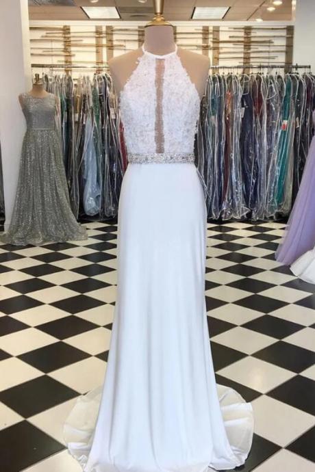 White Strapless Prom Dress,mermaid Satin Prom Dress,halter Brush Train Evening Dress,sleeveless Formal Dress.st486