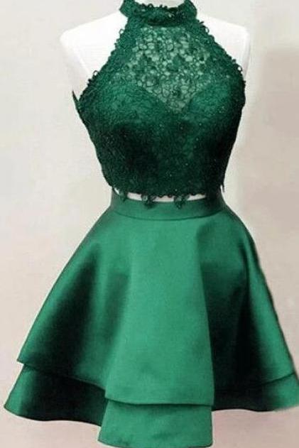 Custom Charming High Collar Lace Homecoming Dress,Two Pieces Evening Dress,Sleeveless Satin Homecoming Dress.MN617