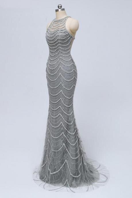 Grey Lace Heavily Beaded Mermaid Evening Prom Dresses, Luxurious Sleeveless Formal Prom Dresses.P760
