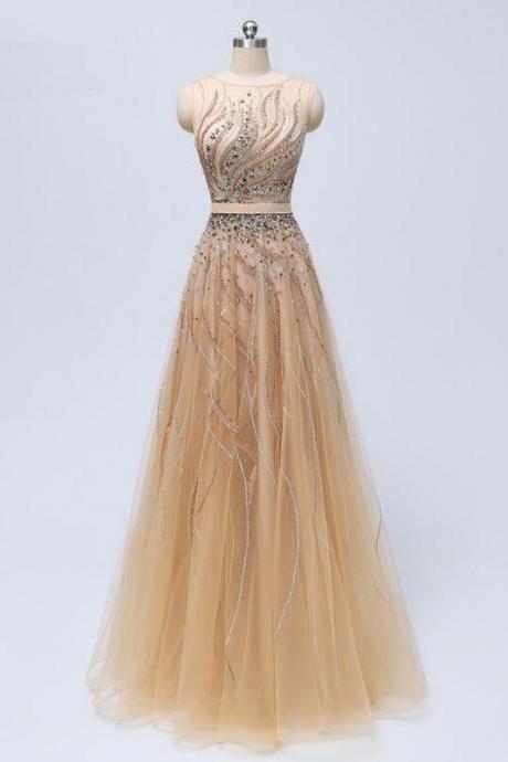 Elegant round collar prom dresses,A-line floor length tulle prom dresses,sleeveless beading evening dresses.P764