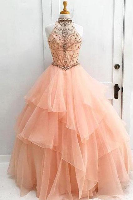 Sexy Open Back Orange Halter Prom Dresses,Delicate Beading Rhinestone Ball Gown,Sleeveless Organza Evening Dresses.P778