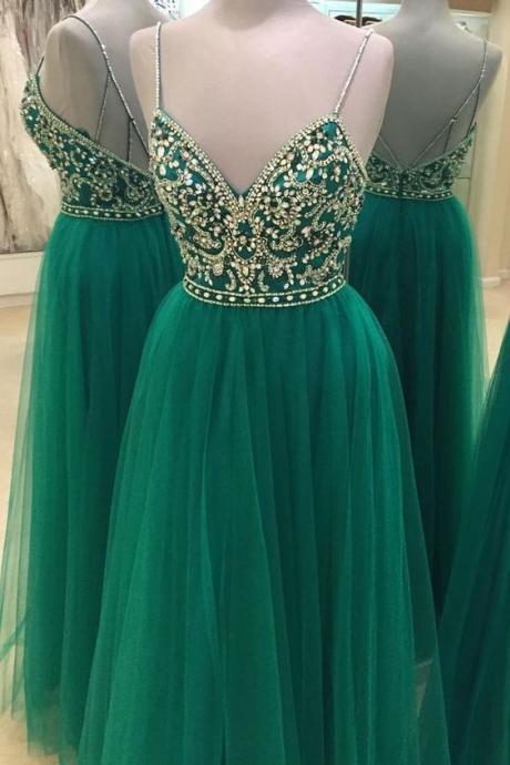 Spaghetti Straps Beading A-line Prom Dresses,green Floor Length Tulle Prom Dresses.p841