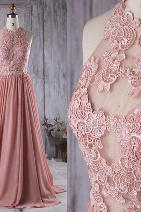 Pink Lace Halter Chiffon Prom Dress,applique Sexy See Through Long Party Dress,floor Length Sleeveless Prom Dress.p938