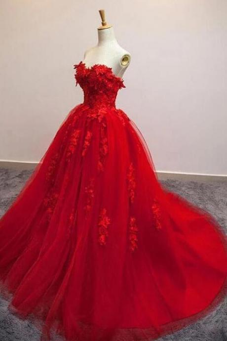 Charming Red Sweetheart Strapless Ball Gown,Applique Tulle Long Prom Dress,Off-The-Shoulder Evening Dresses.R955