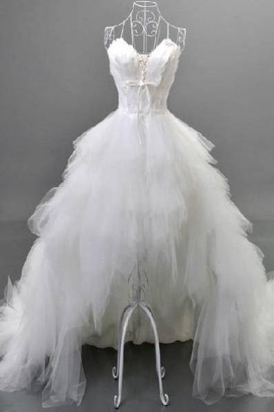 White A-line Strapless Bridal Dresses,Charming Layered Tulle Bridal Gowns,Romantic Court Train Tulle Bridal Dresses.W974