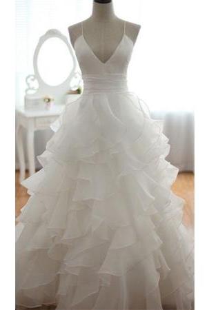 White A-line v-neck prom dress,simple spaghetti straps prom dress,layered tulle evening dress.WH986