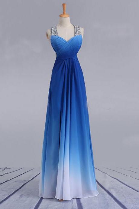 Elegant Blue To White Gradient Color Prom Dresses,cross Straps Party Dresses With Sequin,sleeveless Floor Length Evening Dresses.p999