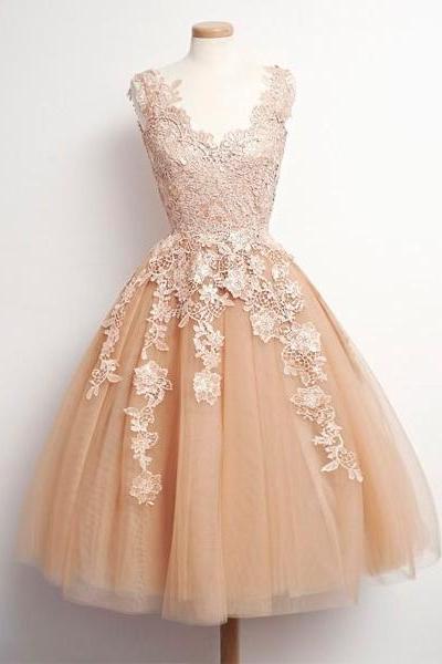 appliques short homecoming dress,champagne prom dress, vintage lace prom dress,sleeveless homecoming dress.MN1026