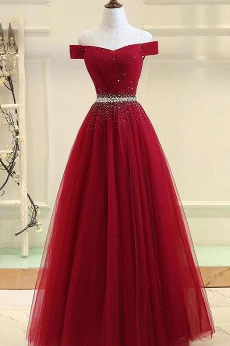 Burgundy A-line Off The Shoulder Prom Dresses,charming Beading Long Prom Dresses.p1092