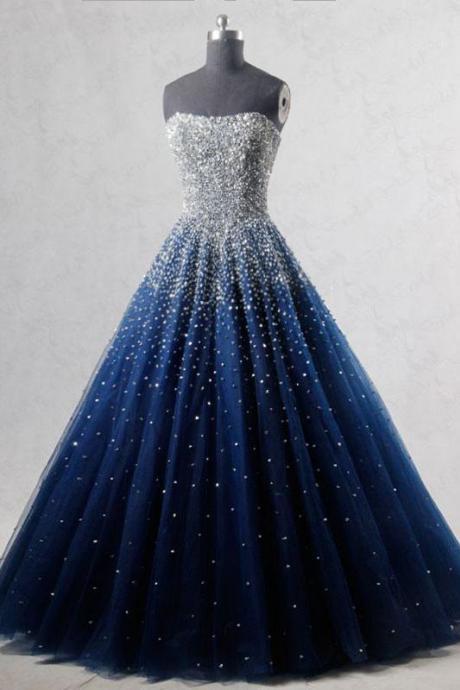 Sparkly A-Line Strapless Prom Dresses,Navy Blue Tulle Long Prom Dresses,Evening Dresses with Beading.ST1124