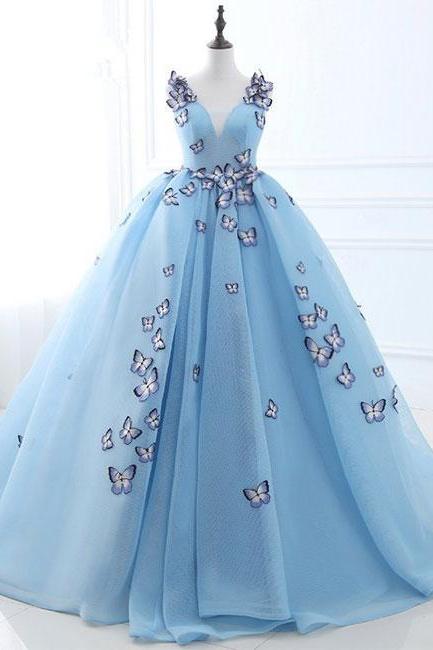 Charming Sleeveless V-Neck Prom Dresses,Blue Long Ball Gowns,Pretty A-line Evening Dresses.P1130