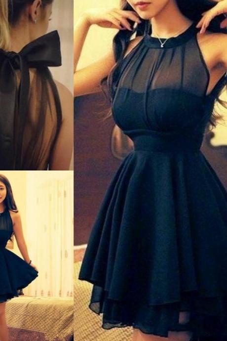 Simple Black Short Chiffon Homecoming Dresses,Cute Sleeveless Halter Homecoming Dresses.MN1135