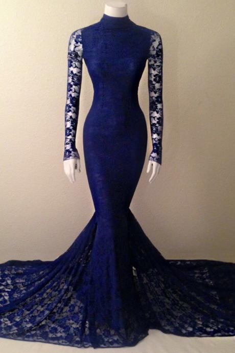 Long Sleeves Royal Blue Prom Dresses,sexy Mermaid Lace Evening Dresses,elegant High-neck Evening Dresses.ls1191
