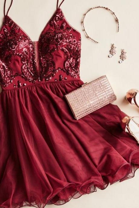 Burgundy Sequins Beaded Homecoming Dresses,v-neck Mini Prom Dresses,dark Red Homecoming Dresses.mn1198