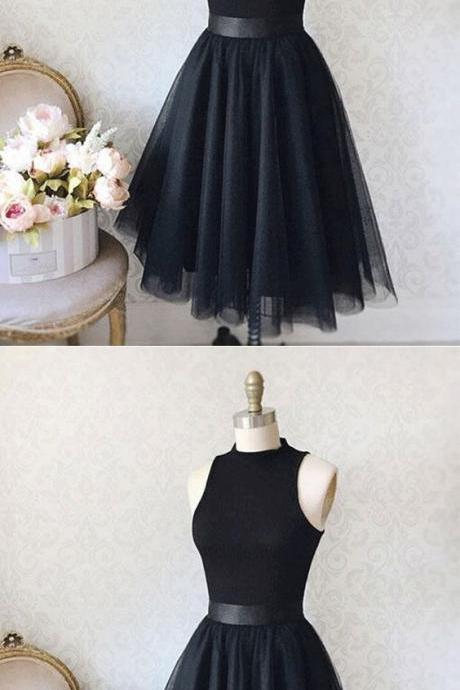 Cute Black Sleeveless Prom Dresses,short Round Collar Homecoming Dresses,a-line Graduation Dresses.ph1202