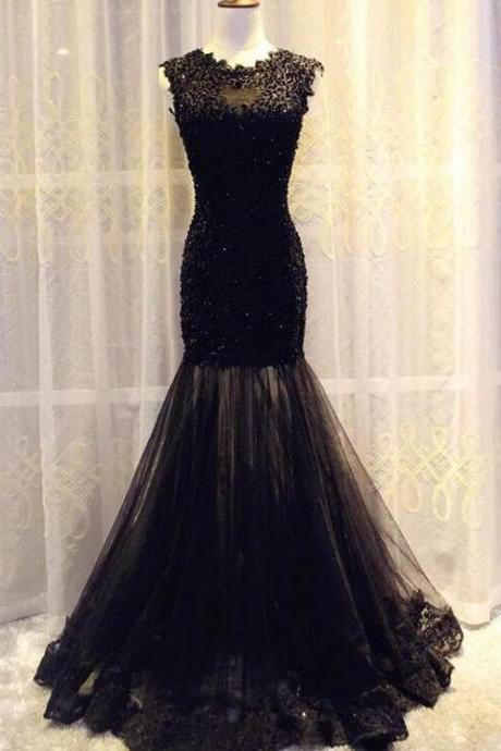 Gorgeous Black Lace Mermaid Prom Dresses, Tulle Evening Gowns, Charming Sleeveless Party Dresses.P1220