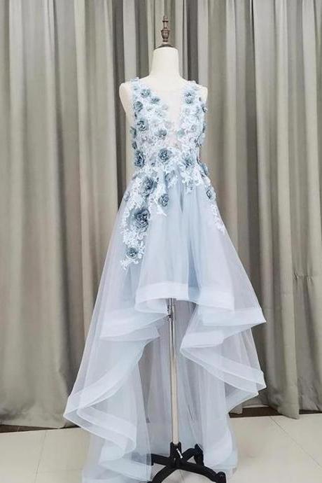 Light Blue Tulle Flowers Homecoming Dresses,Charming Appliques Lace High Low Party Dresses.HL1221