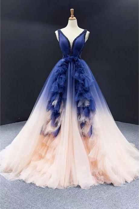 Princess Sleeveless Ball Gowns,charming V Neck Tulle Royal Blue Long Prom Dresses, Quinceanera Dresses.p1350