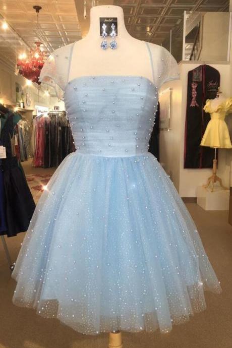 Sparkle Beaded Cap Sleeves Homecoming Dresses,light Sky Blue Homecoming Dresses.ph1414