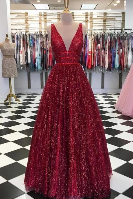 Stunning Red Deep V Neck Sleeveless Prom Dresses,Floor Length A Line Formal Party Dresses.R1430