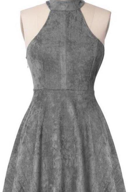 High Neck Grey Homecoming Dress,Suede Lace up Back Graduation Dress,Short A Line Prom Dress.MN1444