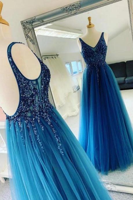 Blue V Neck Sequins Tulle Long Prom Dresses,charming Backless Evening Dresses.p1448