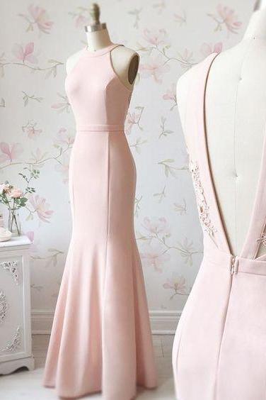 Light Pink Floor Length Party Dresses,Sleeveless Open Back Evening Dresses,Mermaid Prom Dresses.F1461