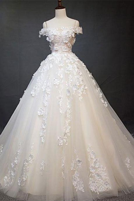White Tulle Lace Applique Long Bridal Dresses,charming Off-the-shoulder Wedding Dresses.w1477