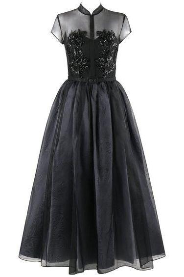Black High Collar Lace Appliques Homecoming Dresses,Elegant A-Line Pleated Tulle Homecoming Dresses.PH1529