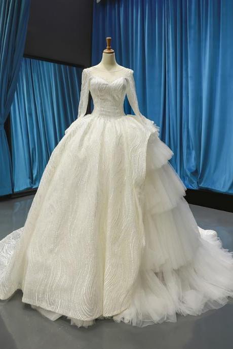 Ivory White Tulle Bridal Dresses,Pretty Long Sleeve Lace Wedding Dresses With Litter Train.W1078