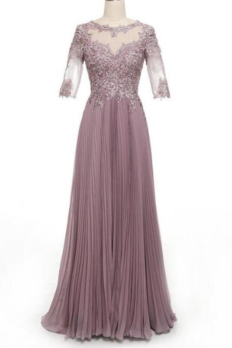 Crumpled Chiffon Pleated Lace Applique Long Prom Dress,a Line Half Sleeves Mother Of The Bride Dress.p1415