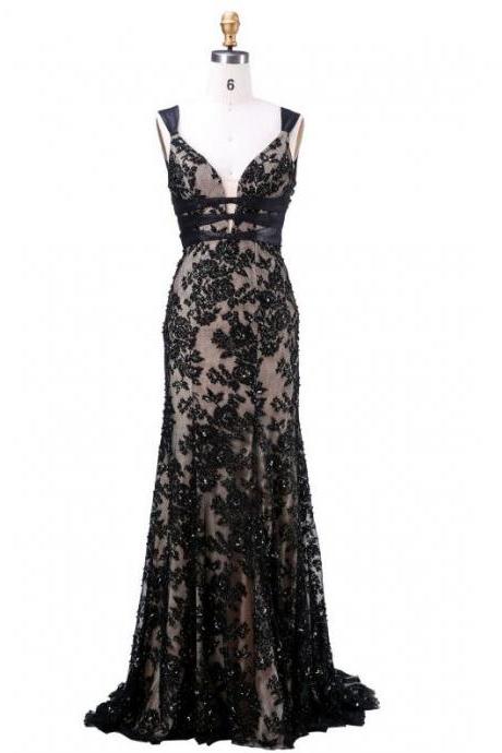 Black Mermaid V-neck Backless Appliques Long Evening Gown,beading Sweep Train Formal Prom Dress.f1420