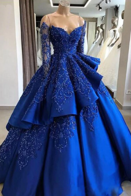 Royal Blue Satin Strapless Long Sleeve Beaded V Neck Prom Dress, Ball Gown,P1426