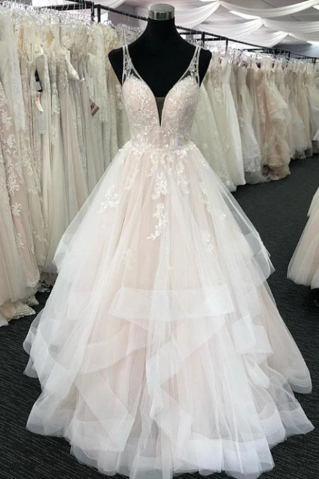 White Tulle V Neck Open Back Long Layered Formal Prom Dress, Wedding Dress,W1427