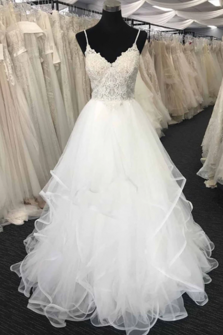 White tulle sweetheart neck long spaghetti straps prom dress, white lace wedding dress,W1428