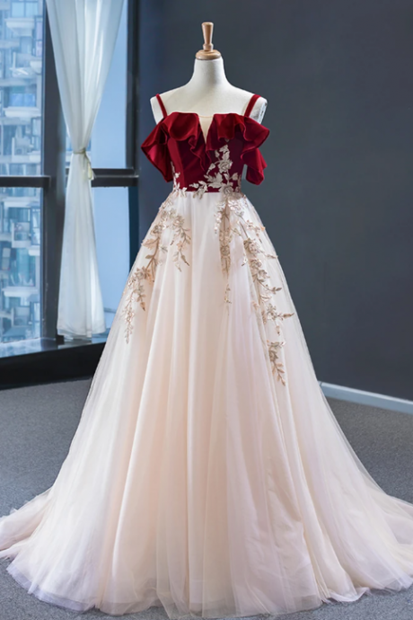 Burgundy Top Long Tulle Customize Prom Dress, Evening Dress With Applique,P1430