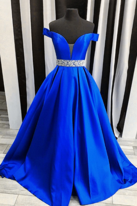 Royal blue satin strapless long off shoulder senior prom dress with beading belt,P1431