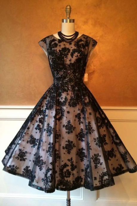 Black organza applique round neck homecoming dresses,formal dresses,H1436