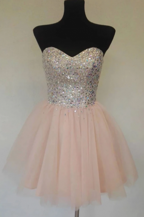 Sweetheart Neck Pink Tulle Beaded Short Strapless Prom Dress, Bridesmaid Dress,H1437