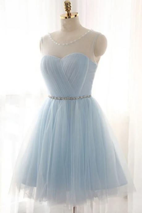 Light blue tulle see-through round neck lace up short dress, 2017 new formal prom dress for teens,H1439