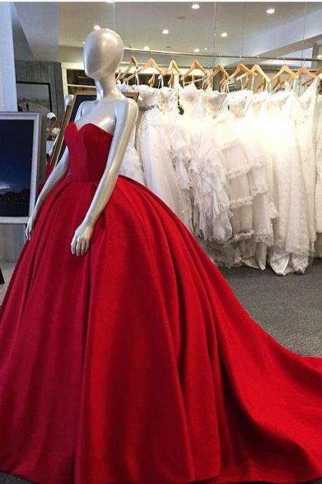 Red ball gown, sweet heart prom dress, simple charming prom dress, evening gown, long prom dress with small train, satin strapless prom dress,P1448