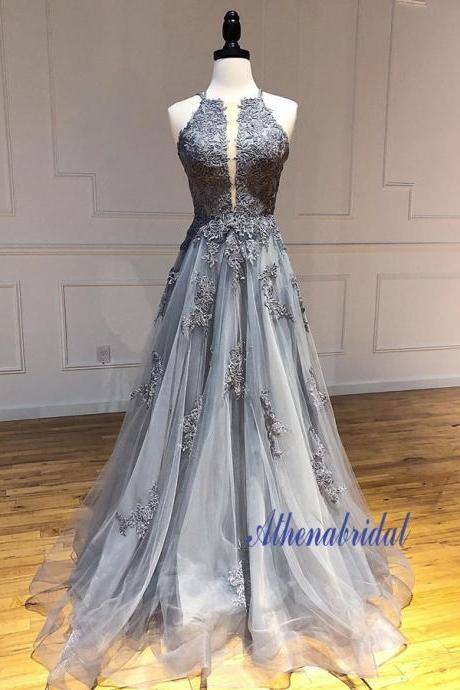 A-line Tulle Lace Applique Grey Long Prom Dresses,P1449