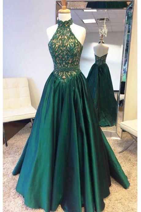 Halter prom dress, teal green prom dress, elegant prom dress, beaded top prom dress, cheap long prom dress, evening dress, popular prom dress,P1456