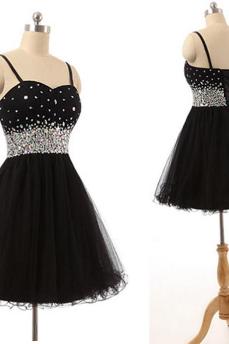 H1472 Sparkly Black Homecoming Dresses,Short Prom Dresses,Spaghetti Straps Tulle Crystal Mini Dresses