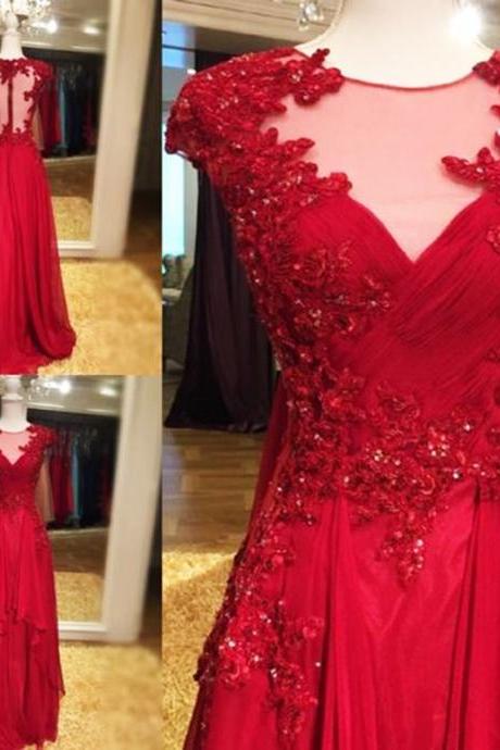 P1474 Charming Red Illusion Jewel Neckline Prom Gowns Cap Sleeve Chiffon See Thougth Back Lace Appliques Formal Dresses