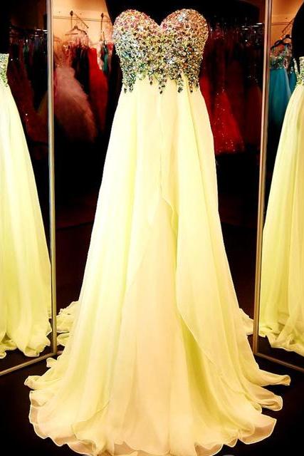 P1477 Long Yellow Chiffon Prom Dress with Crystals,Floor Length Prom Dresses,Cheap Party Dresses