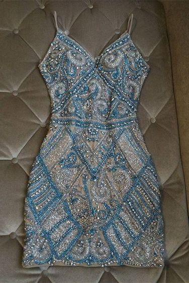 H1480 Silver And Turquoise Crystal ,beaded Homecoming Dresses ,short , Mini Dresses ,applique,evening Gowns