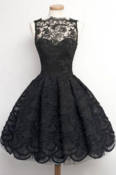 H1481 Vintage, Homecoming/prom Dress - Black Sheer Neck With Lace , Short Evening Gowns