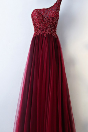 P1483 Burgundy One Shoulder Prom Dresses, Long Tulle Prom Party Dress For Women,dark Red Eveing Dresses