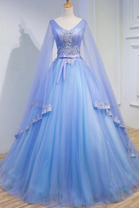 P1493 Light Blue Tulle V Neck Long Sleeve Lace Applique Prom Dress For Teen